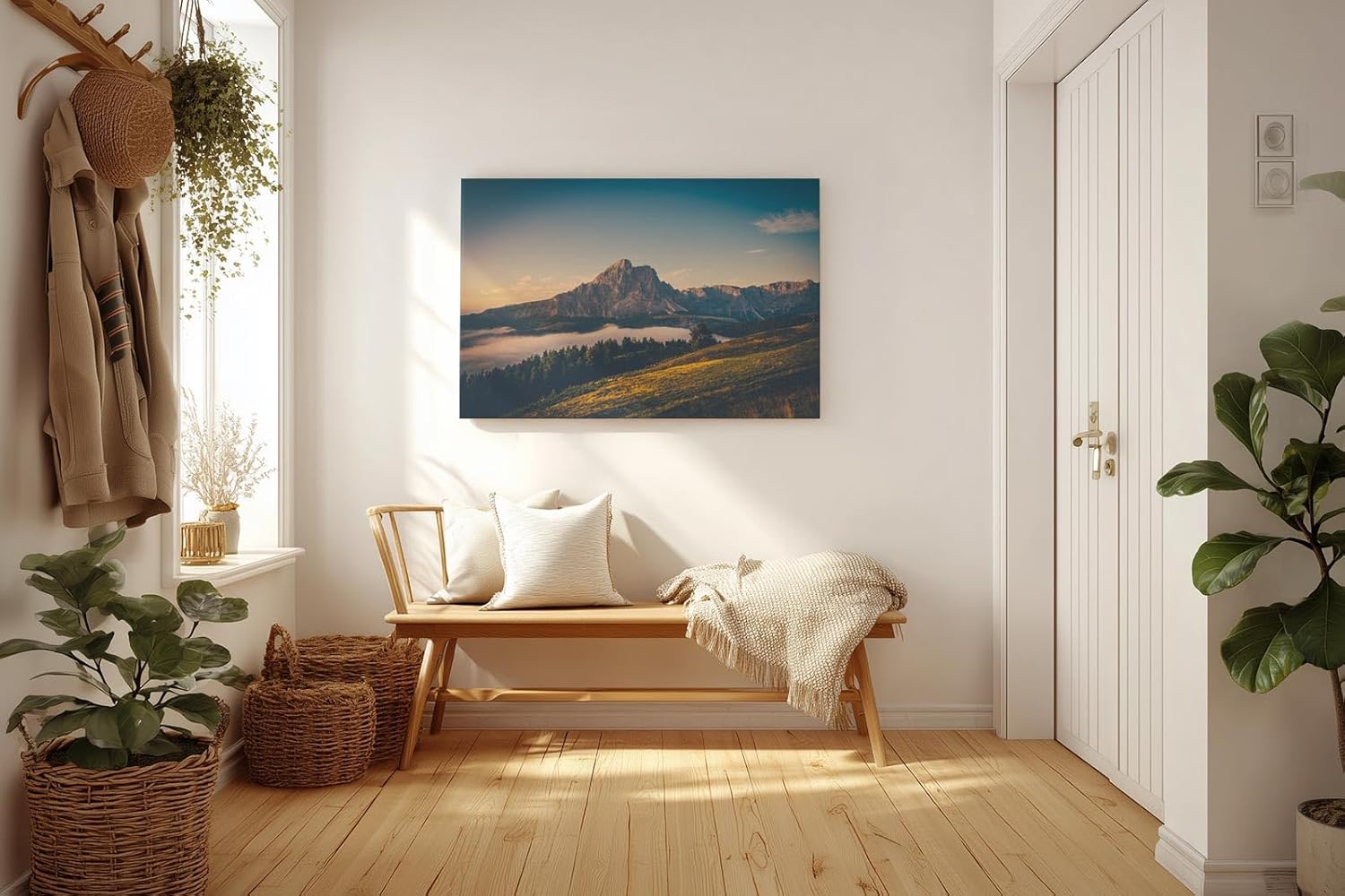 Sinus Art Wandbild 120x80cm Alpenmassiv im goldenen Licht des Sonnenaufgangs über grünen Hügeln