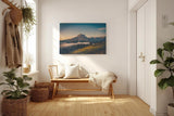 Sinus Art Wandbild 120x80cm Alpenmassiv im goldenen Licht des Sonnenaufgangs über grünen Hügeln