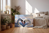 Sinus Art Wandbild 120x80cm Romantisches Schwanenmotiv mit Herzform und märchenhaftem Hintergrund