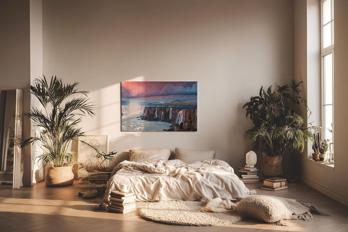 Sinus Art Wandbild 120x80cm Mächtige Wasserfälle vor weitläufiger Landschaft mit intensivem Himmel