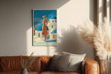 Paul Sinus Wandbild in 40x60cm A Day in Santorini – Frau in orangefarbenem Kleid mit Strohhut vor blau-weißen Kuppeln, sonnige Mittelmeerstimmung