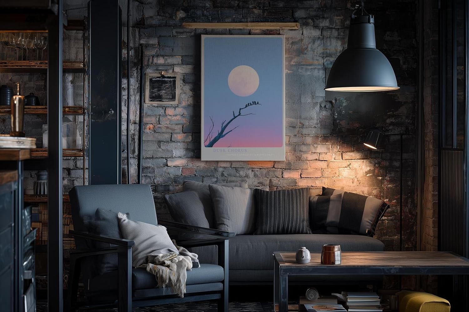 Paul Sinus Wandbild in 40x60cm Dusk Chorus Vögel auf einem Ast vor großem Mond im pastellfarbenen Abendhimmel
