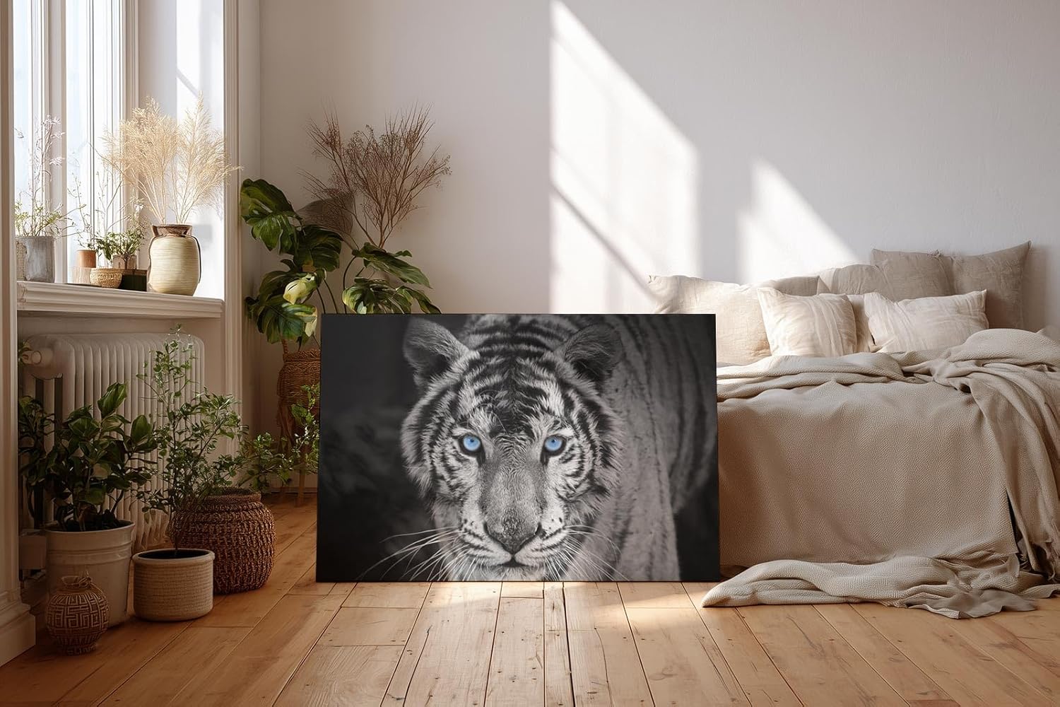 Sinus Art Wandbild 120x80cm Der intensive Blick des Tigers mit leuchtend blauen Augen schafft eine starke Präsenz