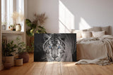 Sinus Art Wandbild 120x80cm Der intensive Blick des Tigers mit leuchtend blauen Augen schafft eine starke Präsenz