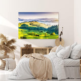 Paul Sinus Wandbild 120x80cm Berge Hügel Wiese Landschaft Grün Nebel Morgentau