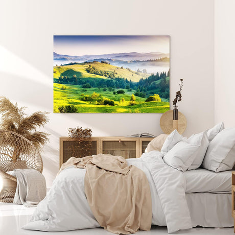 Paul Sinus Wandbild 120x80cm Berge Hügel Wiese Landschaft Grün Nebel Morgentau