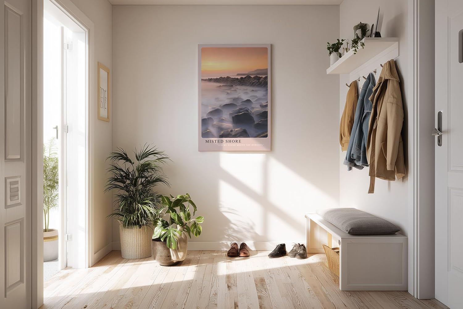 Paul Sinus Kunstdruck 40x60cm Misted Shore – stimmungsvolle Küstenlandschaft mit Felsen im Nebel und sanftem Licht
