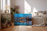 Sinus Art Wandbild 120x80cm Beleuchtete Sehenswürdigkeiten der Dresdner Altstadt im Spiegelbild der Elbe zur blauen Stunde