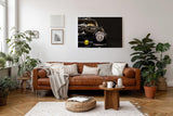 Sinus Art Wandbild 120x80cm Hochglanz-Detailaufnahme eines schwarzen Oldtimers mit nostalgischer Ausstrahlung