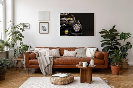 Sinus Art Wandbild 120x80cm Hochglanz-Detailaufnahme eines schwarzen Oldtimers mit nostalgischer Ausstrahlung