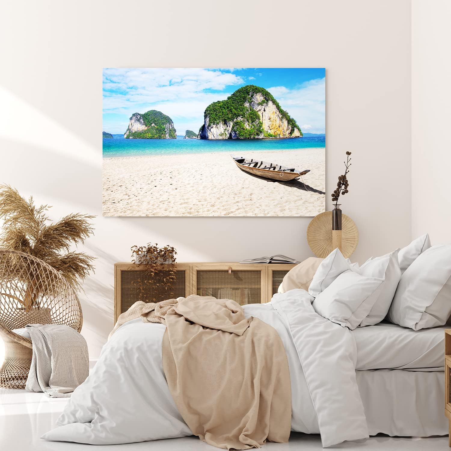 Paul Sinus Wandbild 120x80cm Thailand Meer Felsen Sommer Sonnenschein Fischerboot Strand