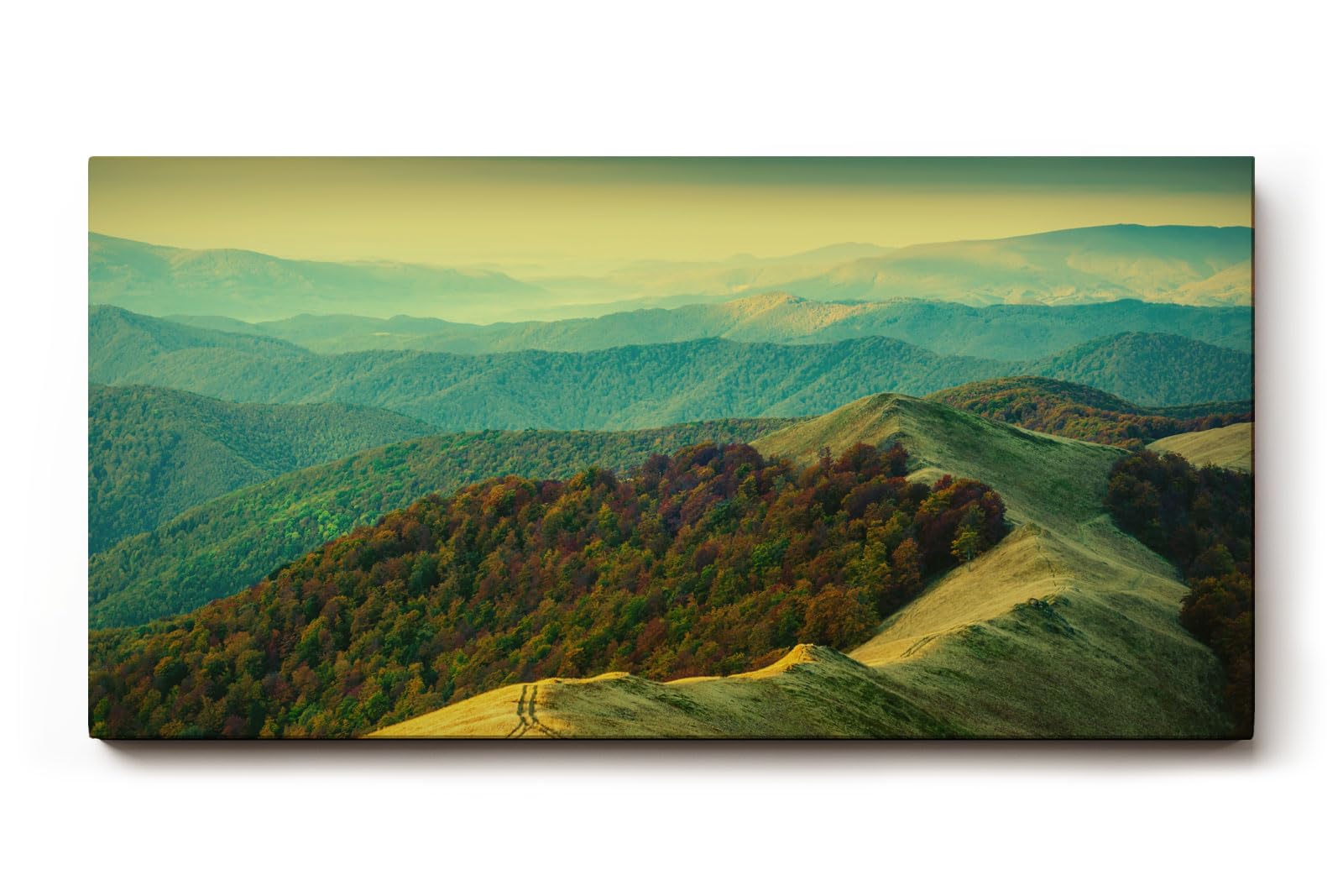Sinus Art Wandbild 120x80cm Hügeliges Landschaftsmotiv mit natürlicher Lichtstimmung für beruhigende Raumwirkung