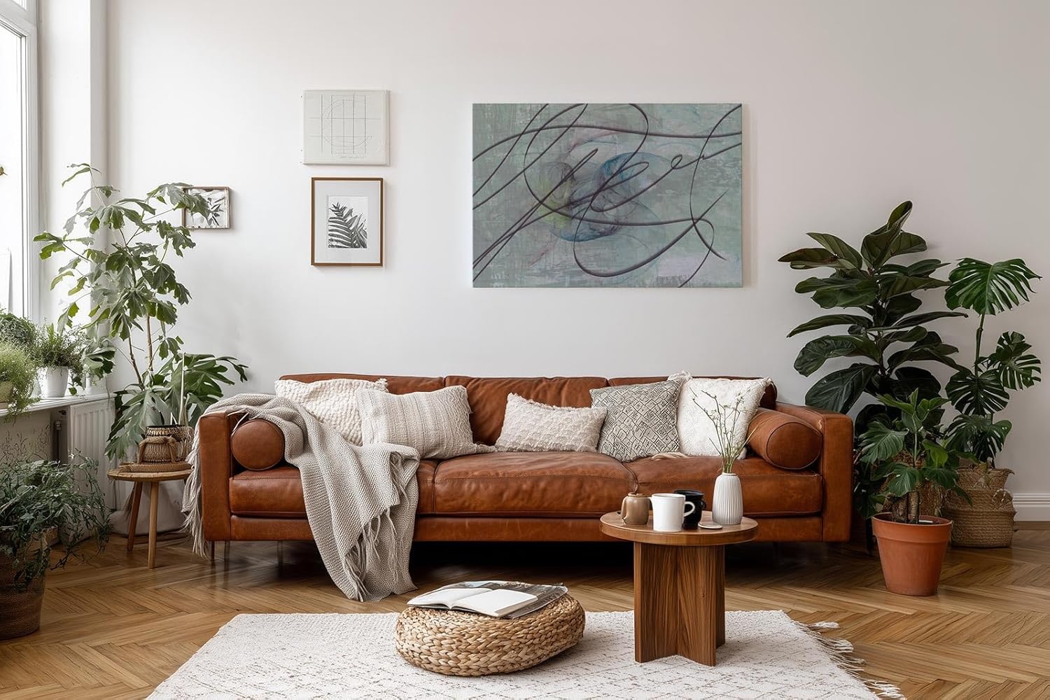 Sinus Art Wandbild 120x80cm Dynamische Linienführung auf grauer Fläche mit Pastelltönen in Blau, Rosa und Grün