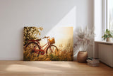 Sinus Art Wandbild 120x80cm Rotes Fahrrad im goldenen Gegenlicht einer Sommerwiese mit romantischem Flair