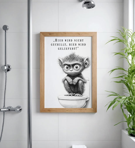 Paul Sinus Poster/Leinwandbild/Rahmenoption – Affe auf Toilette „Hier wird geliefert!“ – Lustige WC-Deko für dein Badezimmer