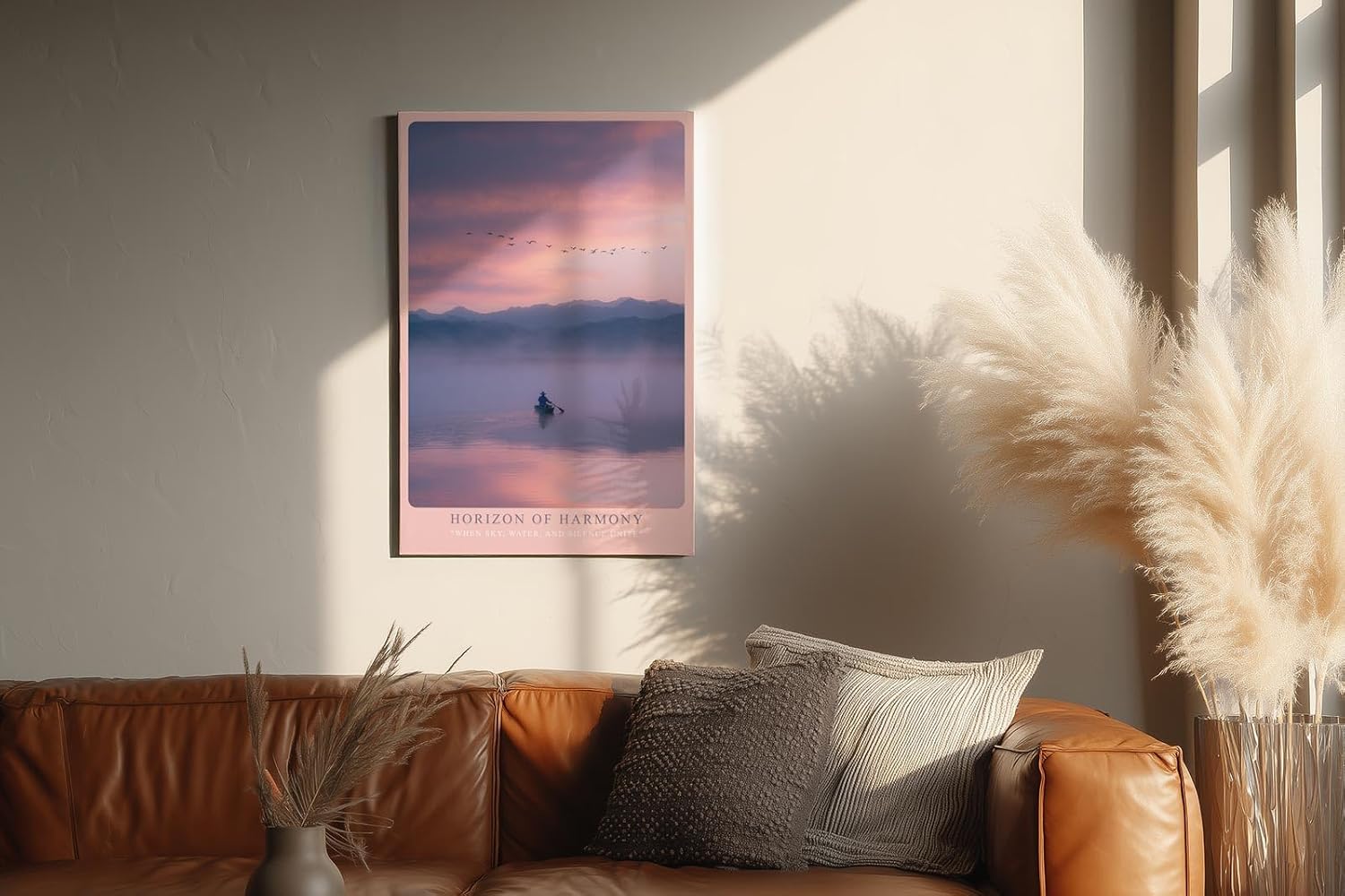 Paul Sinus Wandbild in 40x60cm Boot auf nebligem See bei Sonnenaufgang mit Bergen und Vogelschwarm im Hintergrund