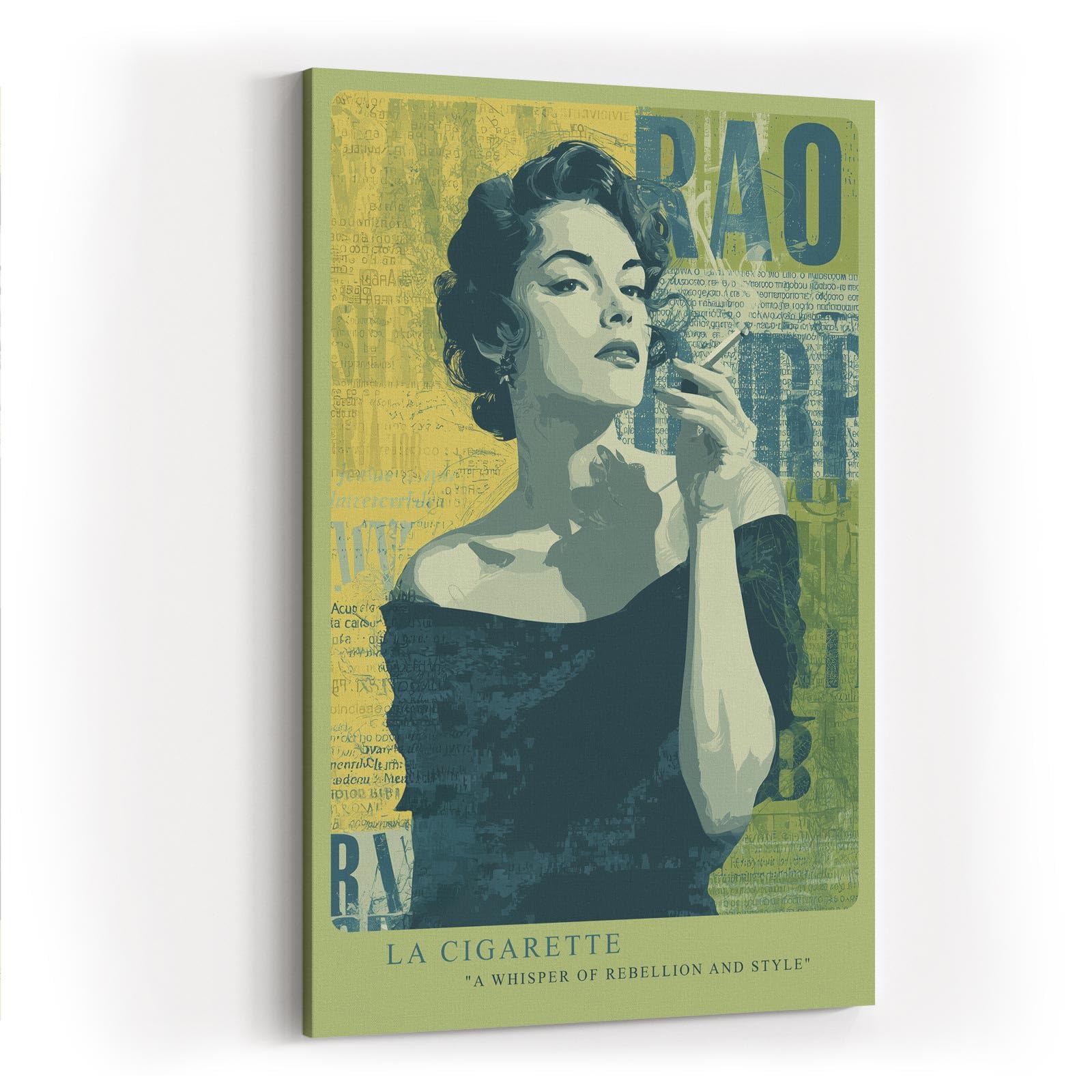 Paul Sinus Wandbild in 40x60cm La Cigarette – elegante Frau im Retro-Stil mit Zigarette, künstlerisches Porträt in Grüntönen