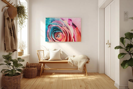 Sinus Art Wandbild 120x80cm Intensive Nahaufnahme einer vielfarbigen Rose mit einzigartiger Blattstruktur
