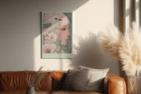 Paul Sinus Wandbild in 40x60cm The Whispering Bloom – Fein gezeichnetes Porträt mit floralen Linienmustern und Vogel in sanfter Farbigkeit