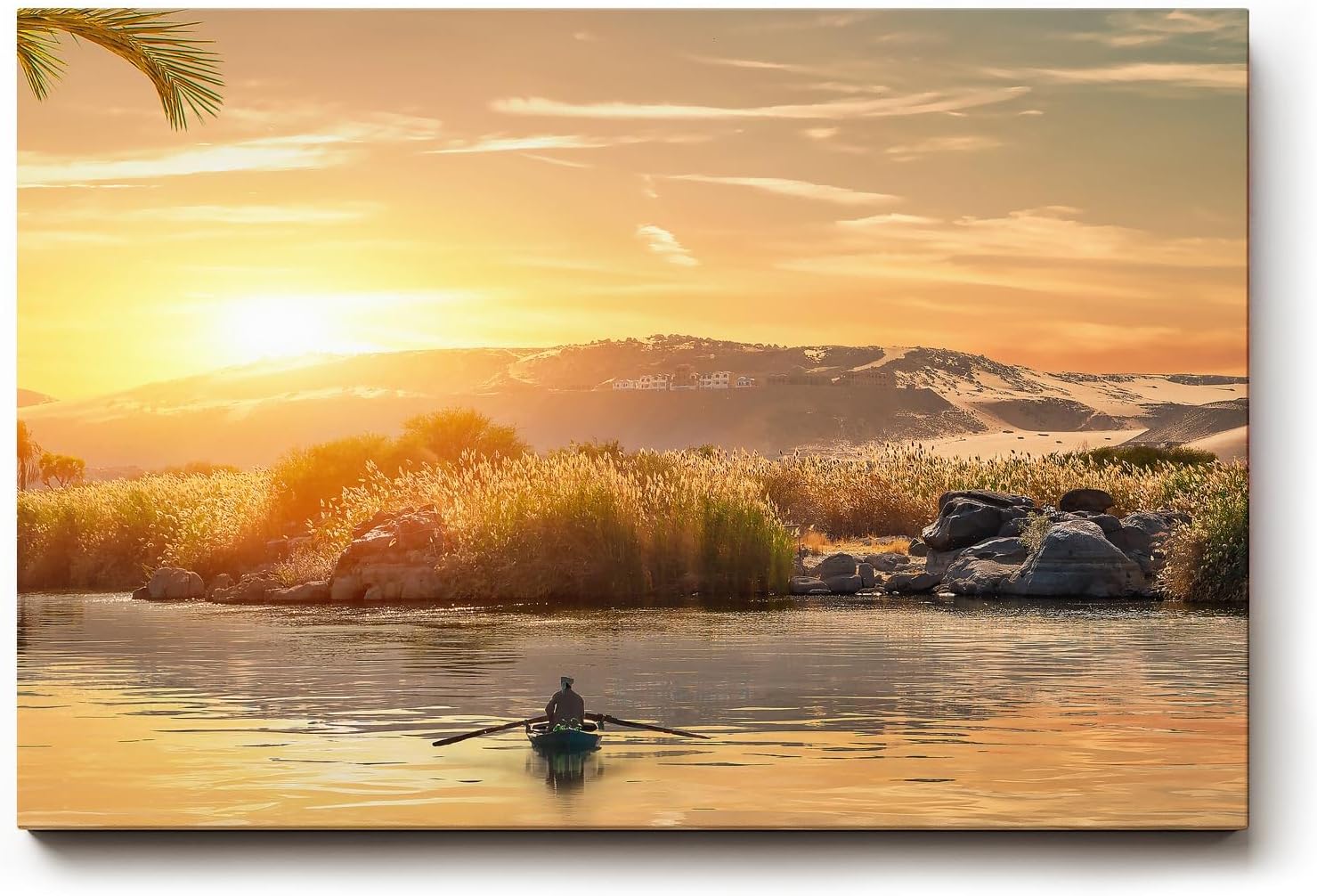 Sinus Art Wandbild 120x80cm Einzelnes Boot auf ruhigem Wasser bei Sonnenuntergang – Natur pur auf Leinwand