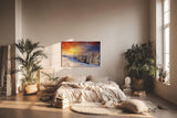 Sinus Art Wandbild 120x80cm Schneebedeckter Nadelwald im Morgenlicht – intensiv, leuchtend und ruhig zugleich