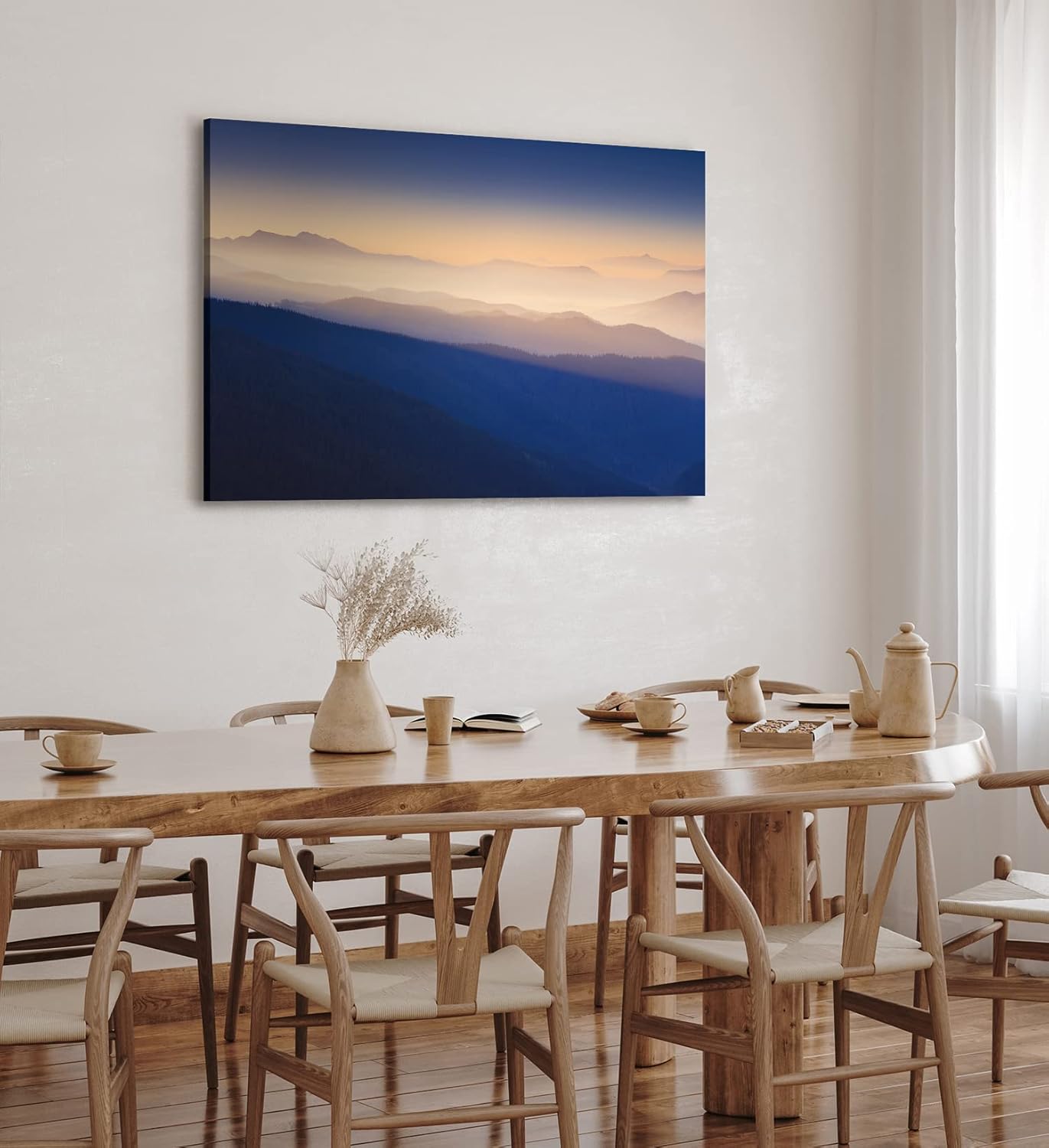 Wandbild 120x80cm Berge Berglandschaft Sonnenaufgang Blaue Stunde Nebel