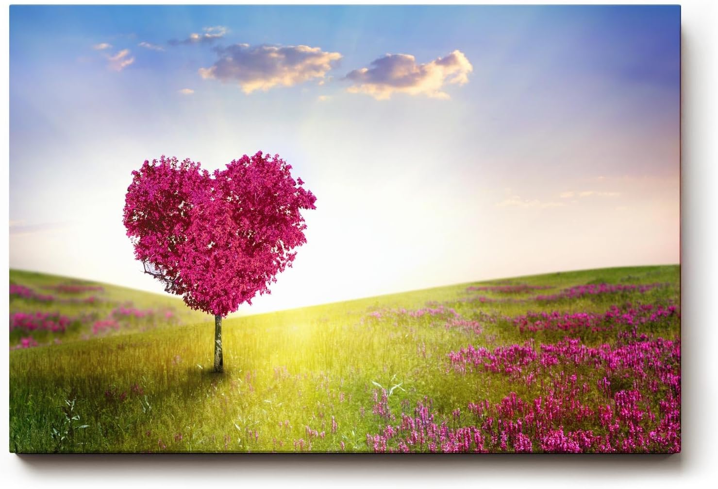 Sinus Art Wandbild 120x80cm Herzförmiger Baum in pinker Blüte in weiter Frühlingslandschaft mit Blumenwiese