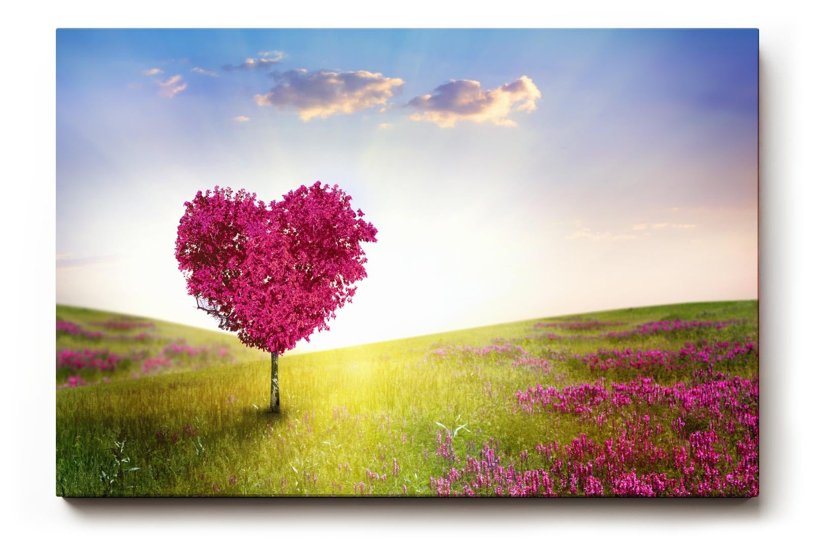 Sinus Art Wandbild 120x80cm Herzförmiger Baum in pinker Blüte in weiter Frühlingslandschaft mit Blumenwiese