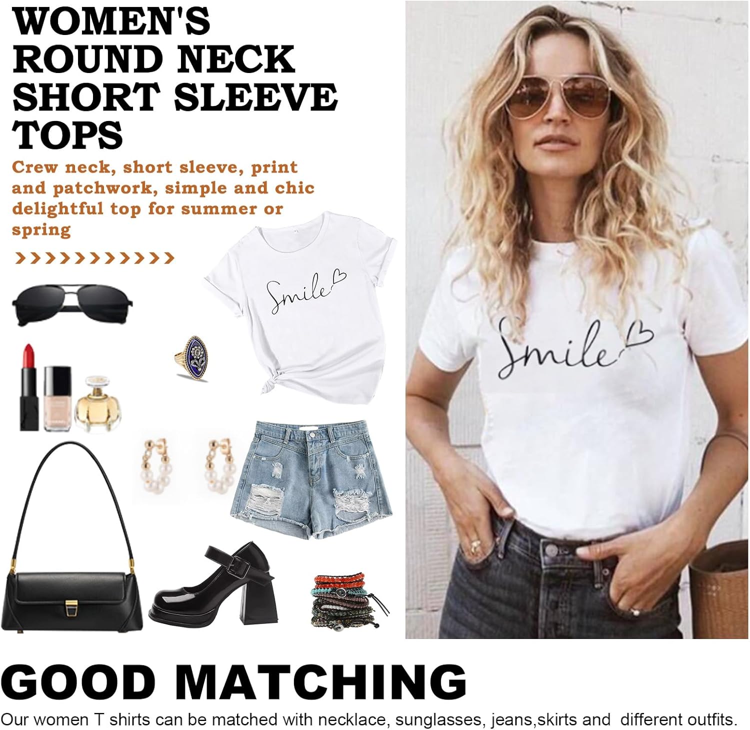 Tuopuda T-Shirt Damen Sommer Oberteile Rundhals Kurzärmeliges Print Bluse Basic Shirt Bequem Baumwolle Tunika Tee Tops Schlank Hemd für Frühling Sommer Herbst