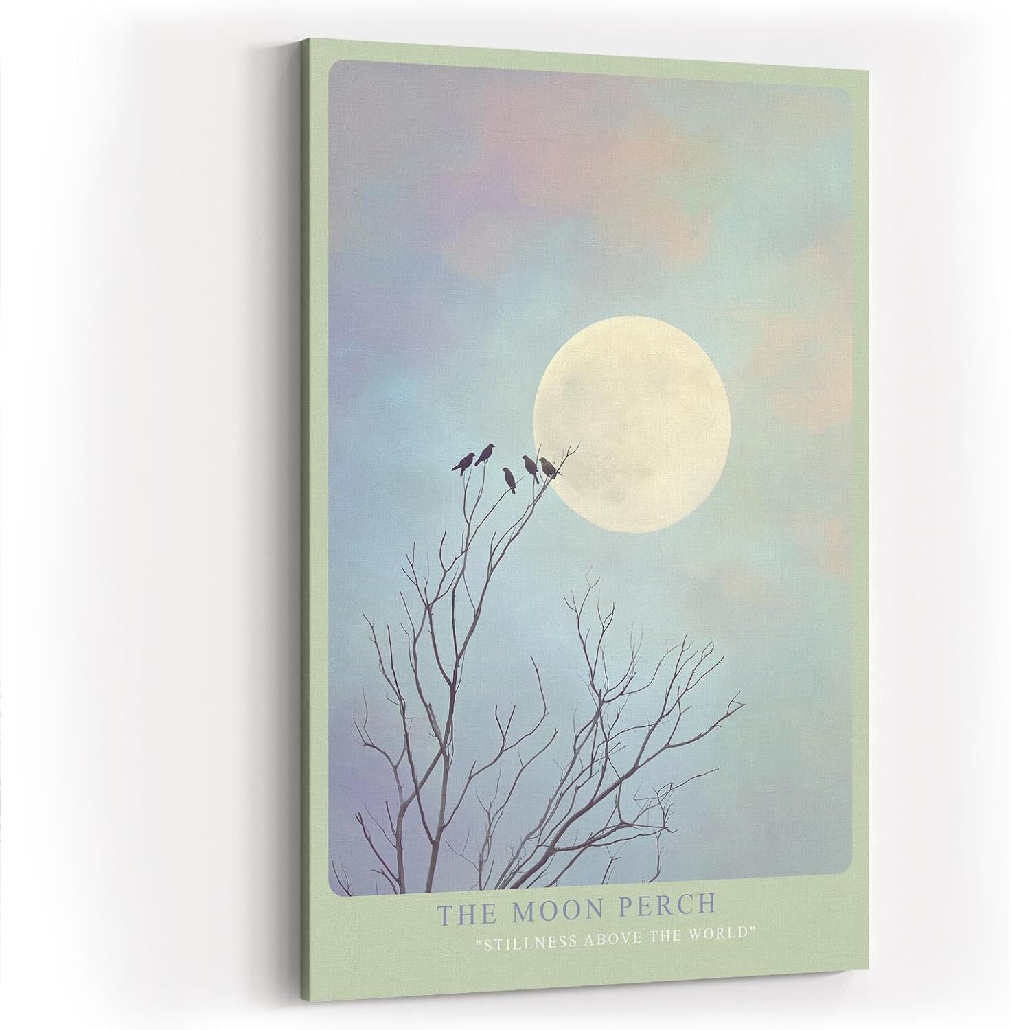 Paul Sinus Wandbild in 40x60cm The Moon Perch Vögel auf kahlen Ästen vor großem Mond im sanften Farbenspiel aus Blau und Rosa