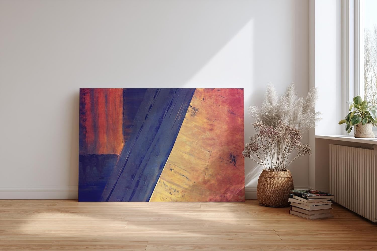 Sinus Art Wandbild 120x80cm Breite Farbbalken in Blau und Orange mit violettem Verlauf und geometrischer Anordnung