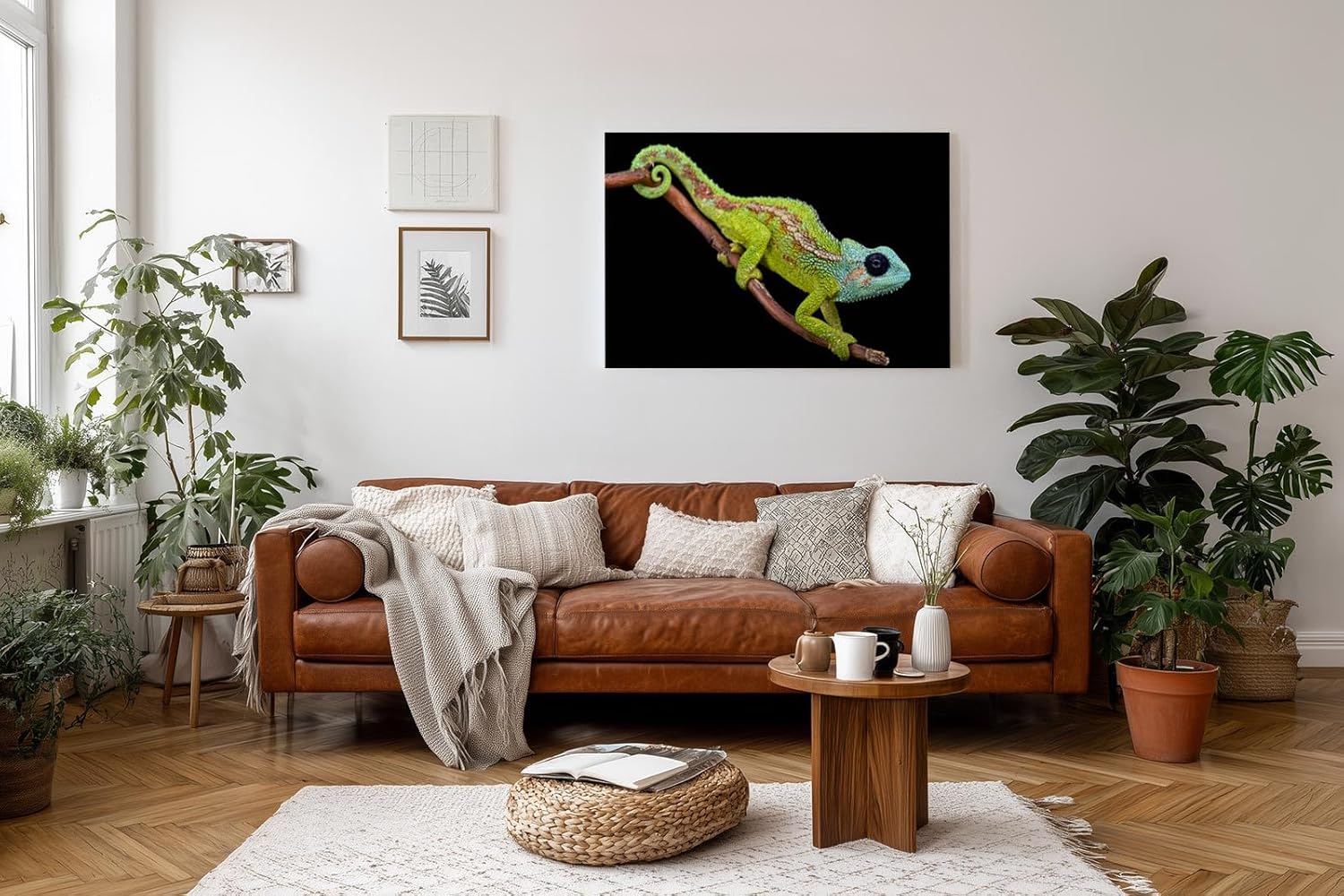 Sinus Art Wandbild 120x80cm Detailliertes Chamäleon-Motiv auf dunklem Hintergrund für maximale Farbwirkung
