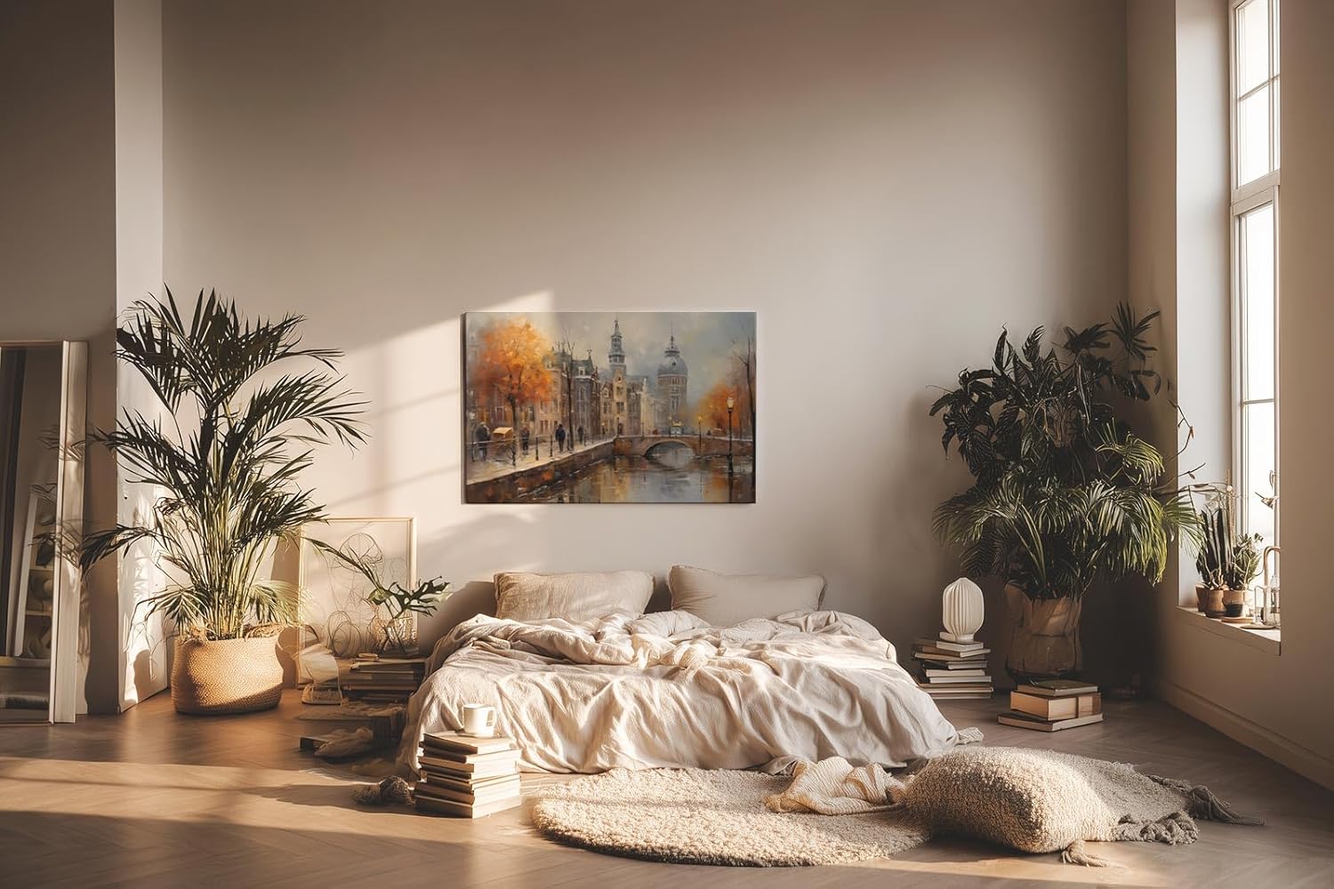 Sinus Art Wandbild 120x80cm Stimmungsvolle Darstellung von Amsterdam mit Kanal Brücke und Altstadt bei herbstlichem Licht