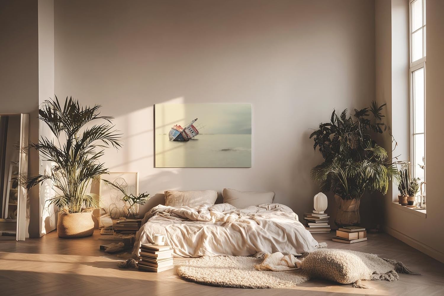 Sinus Art Wandbild 120x80cm Die Szene eines gekippten Bootes auf ruhiger Wasserfläche wirkt melancholisch und meditativ zugleich