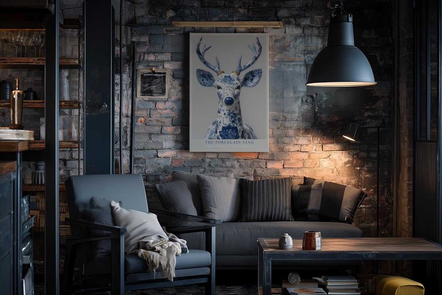 Paul Sinus Wandbild in 40x60cm The Porcelain Stag in edler Blau-Weiß-Optik – kunstvolle Hirschdarstellung mit filigranen Mustern für stilvolle Wohnräume