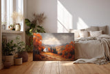 Sinus Art Wandbild 120x80cm Malerisches Motiv mit Hügeln, buntem Laub, weißem Haus und weitem Blick in herbstlicher Stimmung