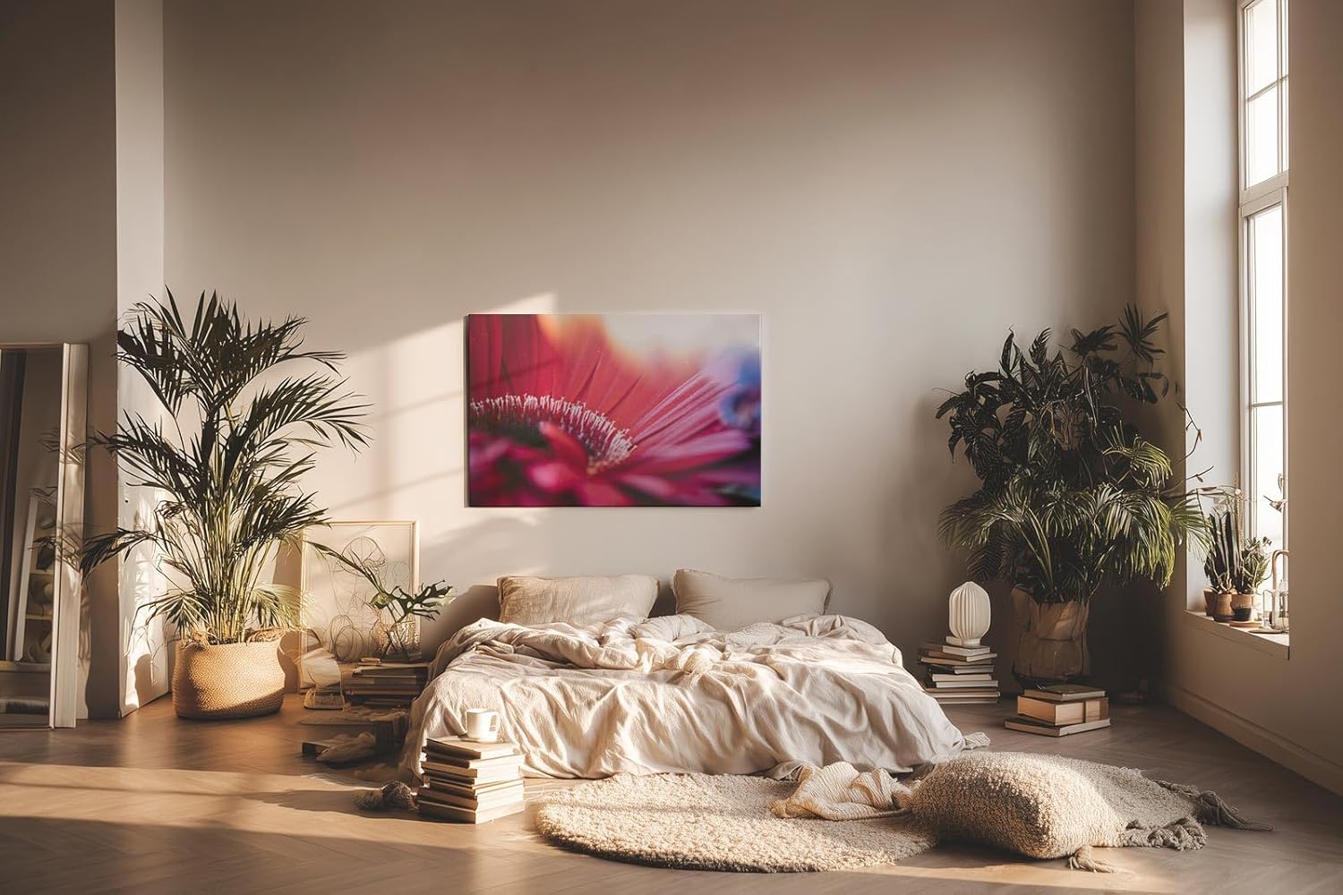 Sinus Art Wandbild 120x80cm Künstlerische Darstellung einer roten Blüte mit Lichtakzenten und unscharfen Strukturen
