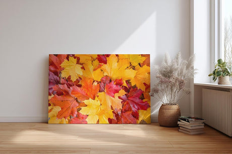 Sinus Art Wandbild 120x80cm Vielfältige Ahornblätter in leuchtenden Gelb- und Rottönen in Nahaufnahme