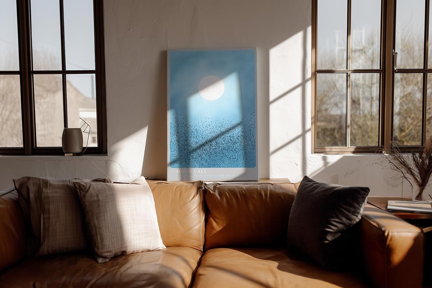Paul Sinus Wandbild in 40x60cm Großer Vogelschwarm unter hellem Vollmond in sanftem Blau