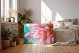 Sinus Art Wandbild 120x80cm Detailreiche Nahaufnahme einer rosafarbenen Dahlie mit geschwungenen Blütenblättern