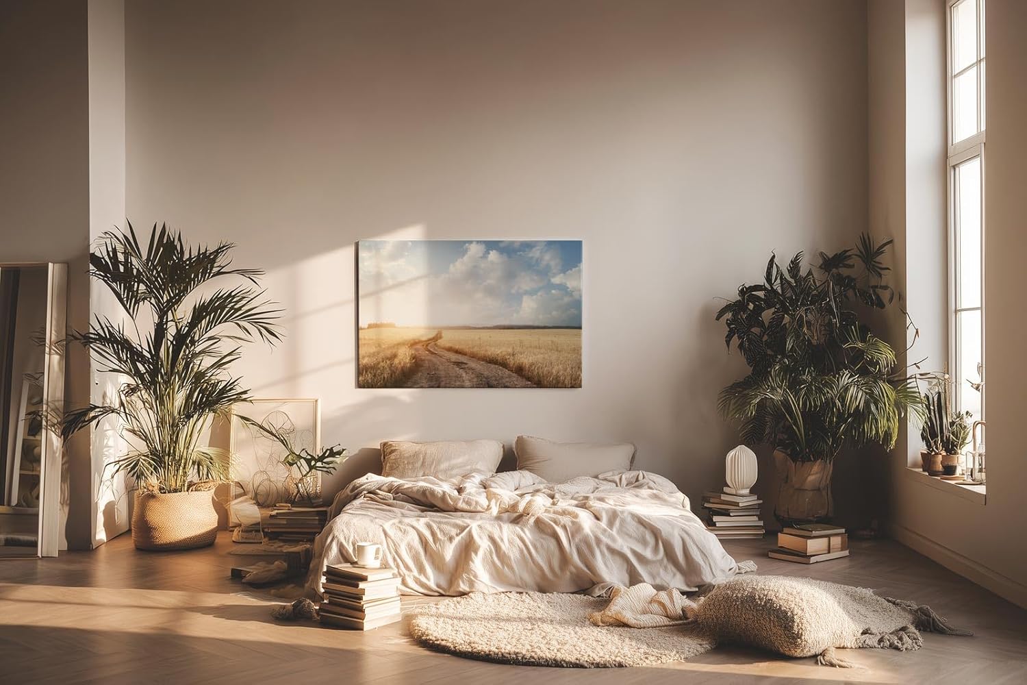 Sinus Art Wandbild 120x80cm Der staubige Weg durch das goldene Feld vermittelt Freiheit, Ruhe und Sommererinnerung