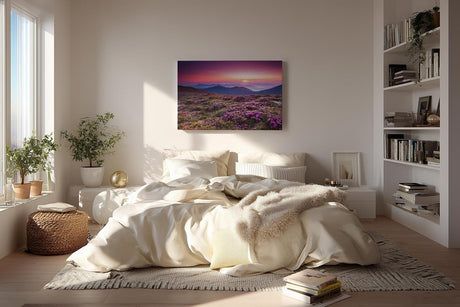 Sinus Art Wandbild 120x80cm Farbintensive Blumenwiese mit lila Blüten unter farbenfrohem Abendhimmel