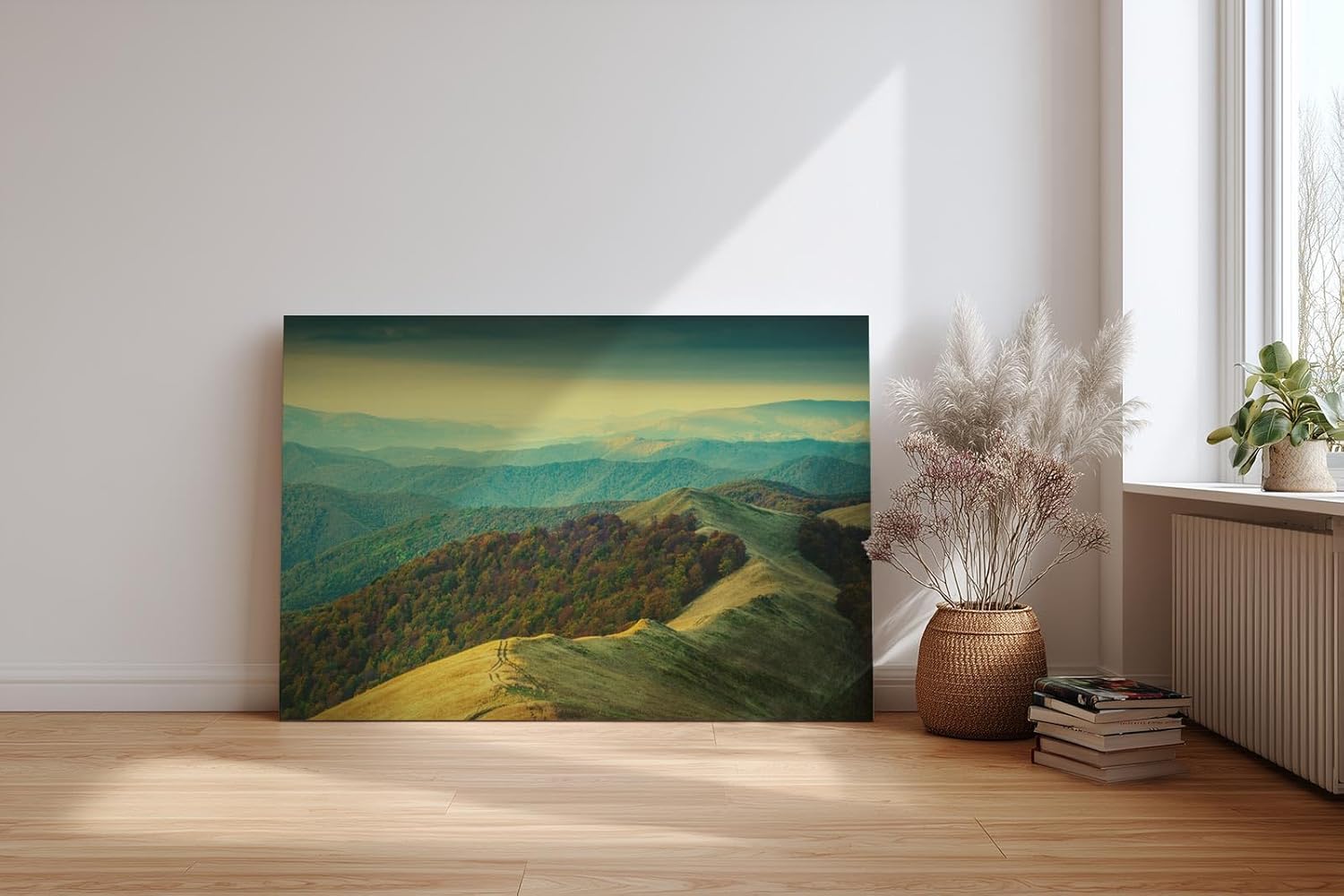 Sinus Art Wandbild 120x80cm Hügeliges Landschaftsmotiv mit natürlicher Lichtstimmung für beruhigende Raumwirkung