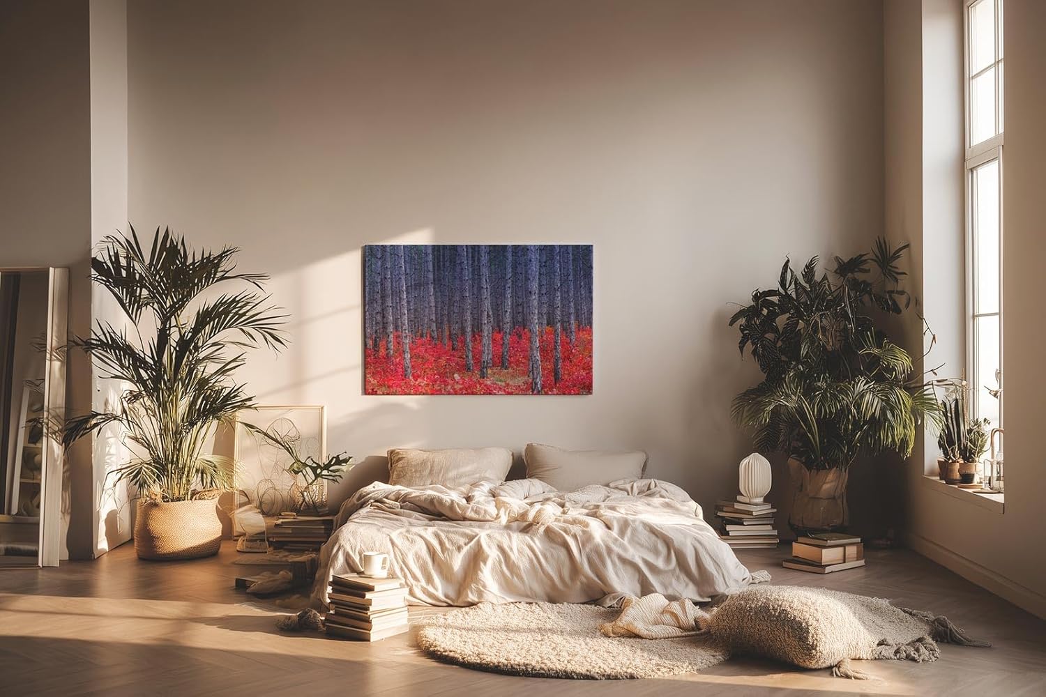 Sinus Art Wandbild 120x80cm Kontrastreiches Bild mit blau-grauen Baumstämmen und leuchtend rotem Waldboden