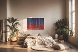 Sinus Art Wandbild 120x80cm Kontrastreiches Bild mit blau-grauen Baumstämmen und leuchtend rotem Waldboden