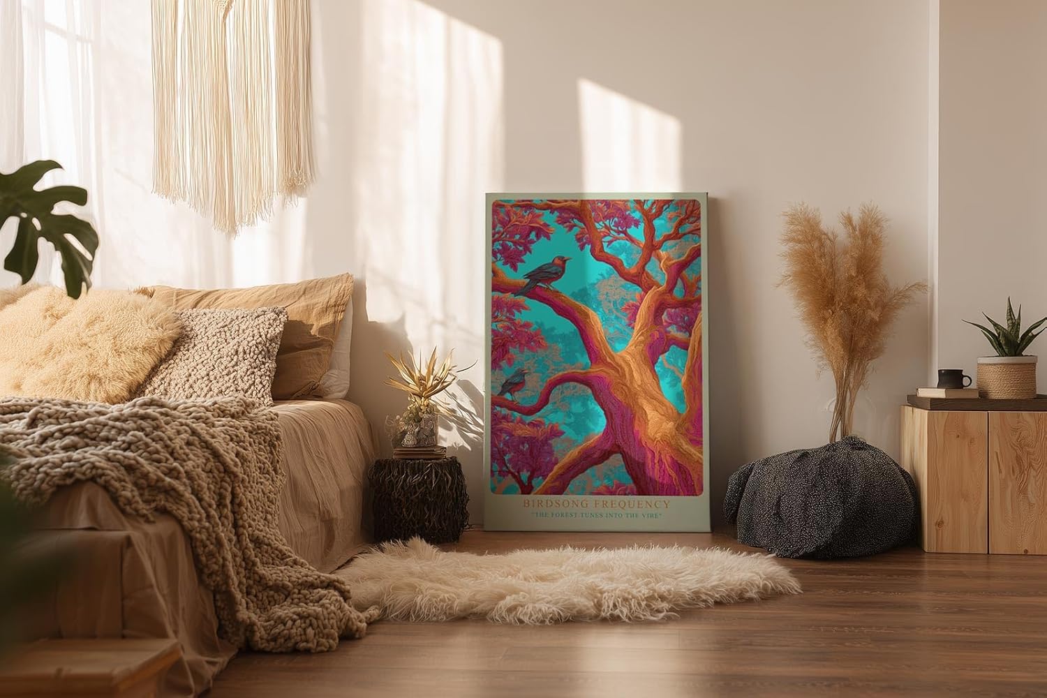 Paul Sinus Wandbild in 40x60cm Bunte Vögel in farbintensivem Baum – surrealistisches Kunstwerk mit kräftigen Kontrasten und leuchtenden Details
