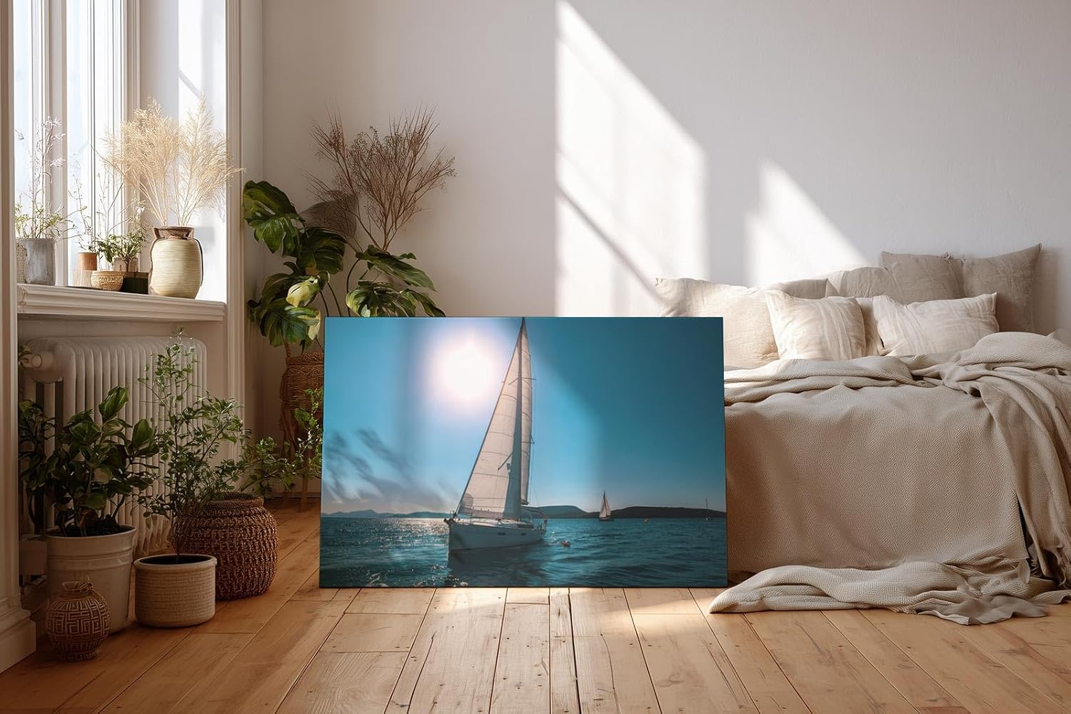 Sinus Art Wandbild 120x80cm Friedvolle Szene eines Segelboots unter blauem Himmel mit strahlendem Sonnenschein