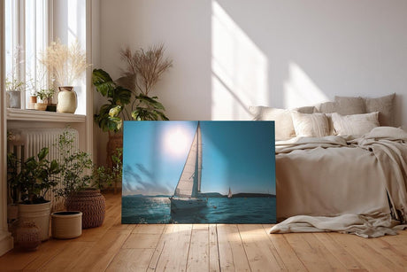 Sinus Art Wandbild 120x80cm Friedvolle Szene eines Segelboots unter blauem Himmel mit strahlendem Sonnenschein