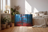 Sinus Art Wandbild 120x80cm Roter Baum vor blauem Nebel – geheimnisvoll, künstlerisch und emotional wirkungsvoll