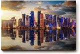 Sinus Art Wandbild 120x80cm Moderne Skyline spiegelt sich im Wasser bei untergehender Sonne – urbanes Highlight